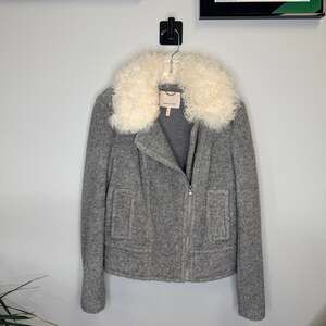 Rebecca Taylor Grey Wool Blend Moto Jacket Real Shearling Collar 6